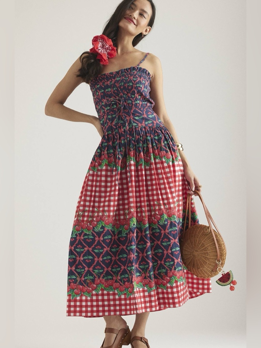 Red Gingham & Floral Midi Dress